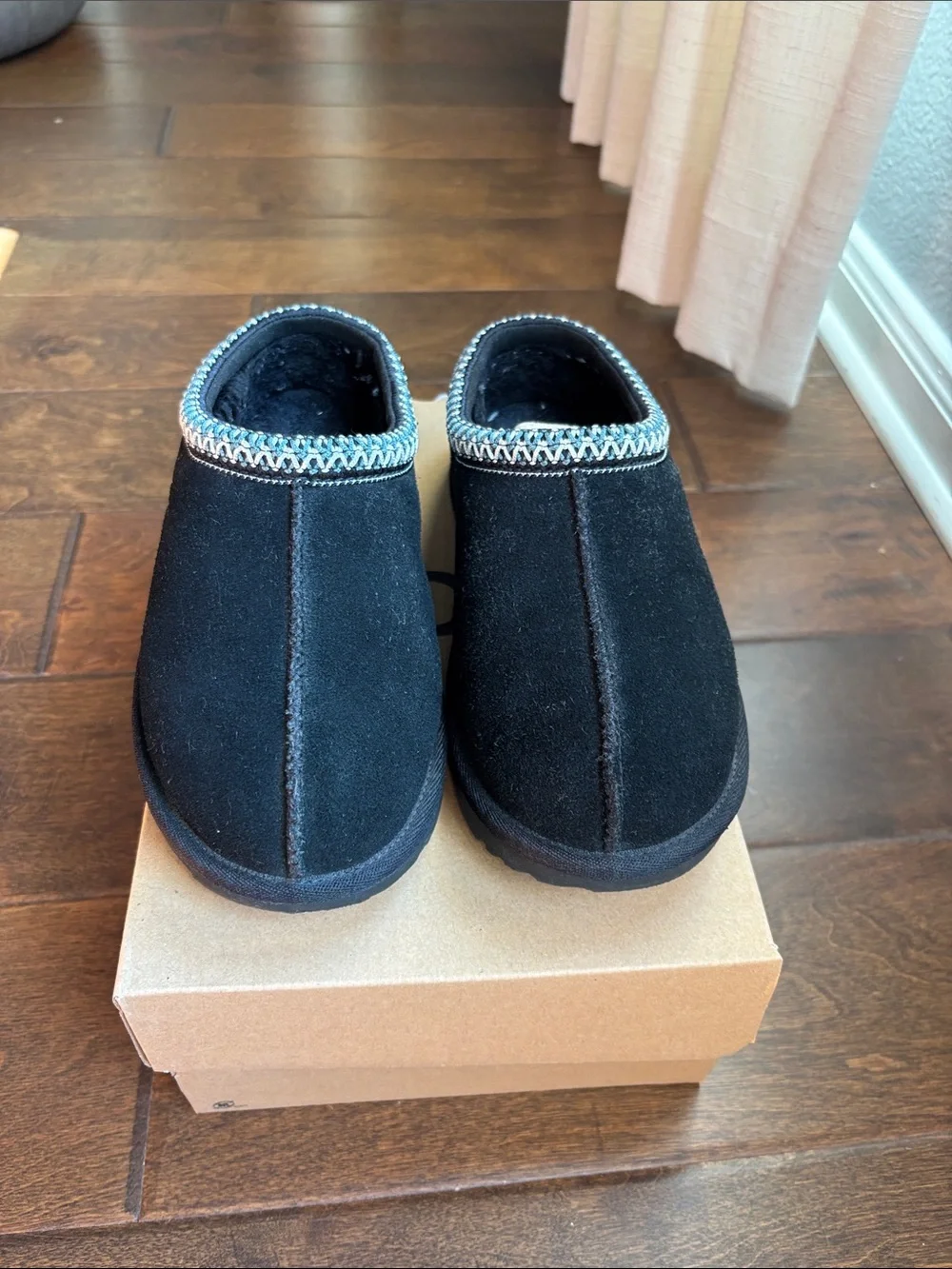UGG Kids Black Suede Slip-On Slippers with Decorative Trim